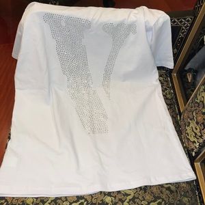 White VLONE friends shirt. silver glowing rhinestones. Comfort and more.